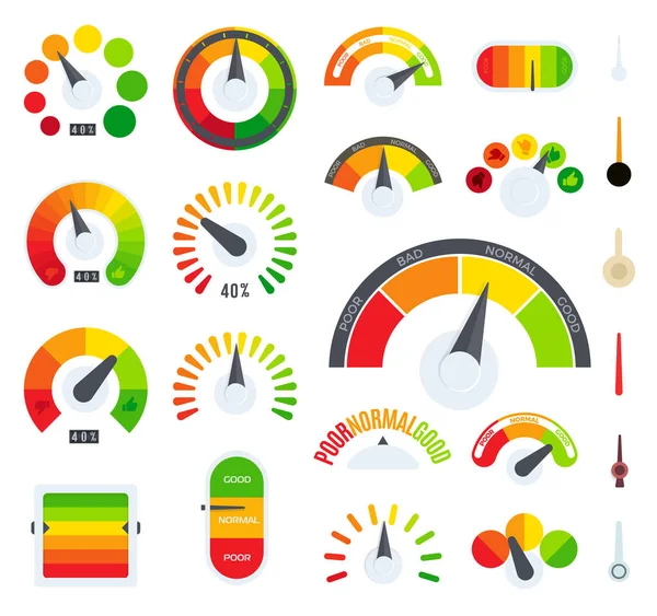 Rétroaction ou échelle de notation représentant diverses émotions et commentaires des clients. Niveau d'évaluation des services aux entreprises ou des biens. Ensemble isolé de vecteurs colorés d'icônes . — Image vectorielle