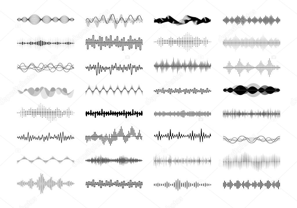 Set of waving, vibration and pulsing lines. Graphic design elements for financial monitoring, medical equipment, music app. Isolated vector illustration