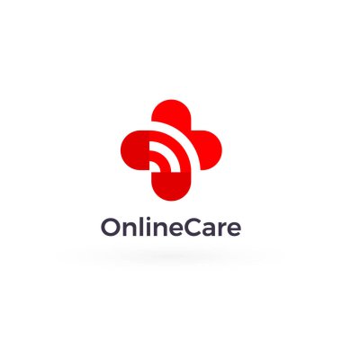 Çevrimiçi bakım logosu, kırmızı kalp bakım işareti, tıbbi ve eczane sembolü, kablosuz internet bağlantısı ve internet iletişim amblemi. Vektör logosu.