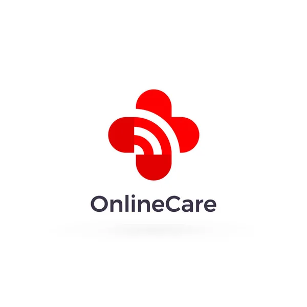 Online Care logo Concept, rood hart zorg teken, kruis medische en apotheek symbool, signaal wifi-verbinding en web communicatie embleem. Vectorlogotype. — Stockvector