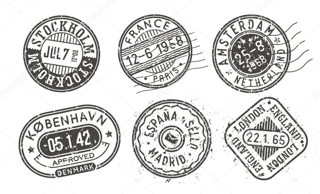 Visa stamps set, retro postal stamps. International passport prints collection. Isolated black and white post office vector signs.