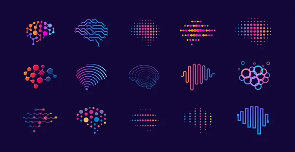 Set of abstract dots and lines brain logotypes concept. Logo for science innovation, machine learning, ai, medical research, new technology development, human brain health, it startup. — Stock Vector