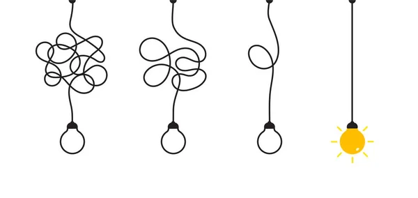 Solución fácil de proceso complicado complejo, simplificar el problema, desenredar nudo de desorden en línea simple, manera correcta más simple, buena idea concepto vector ilustración — Archivo Imágenes Vectoriales