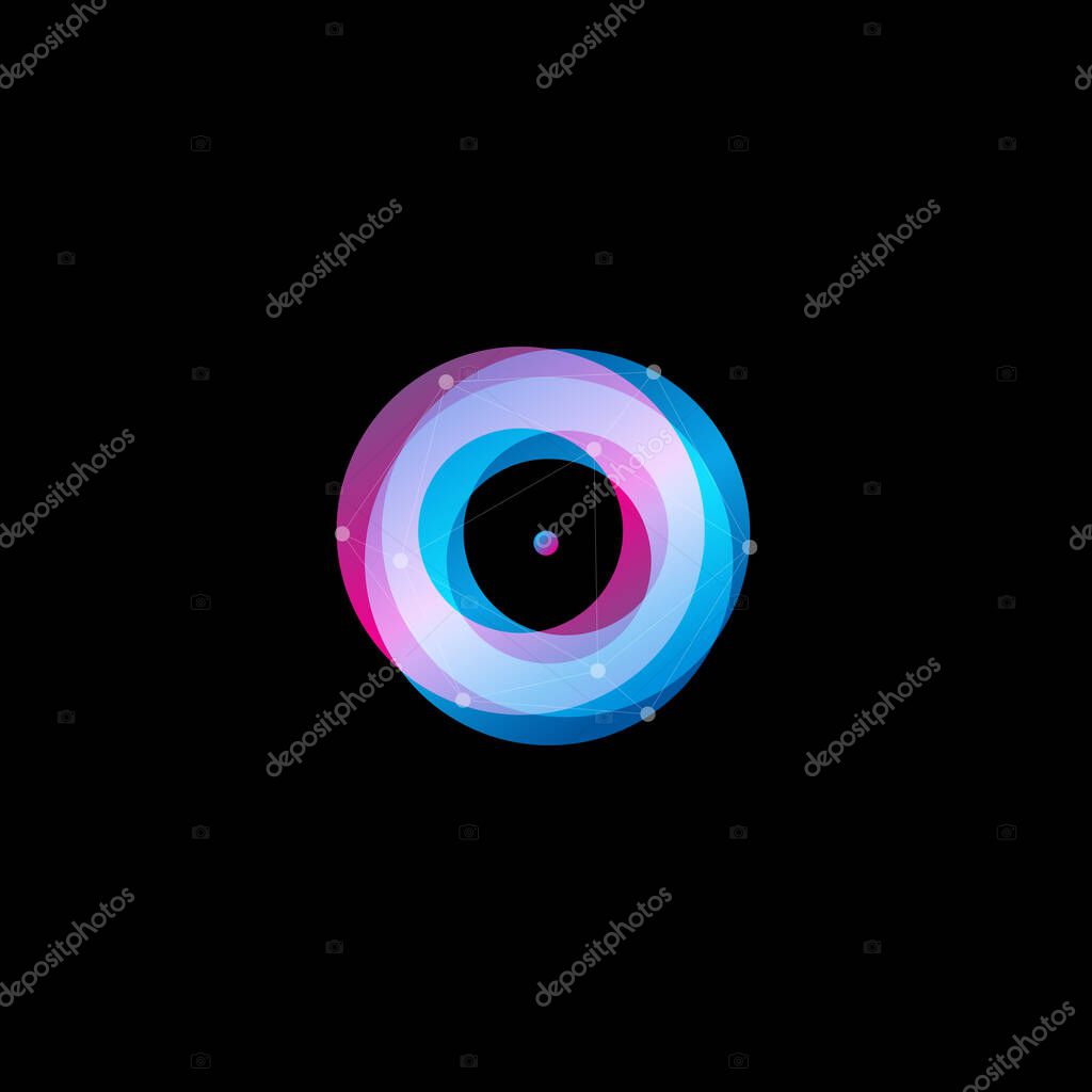 Astrology abstract logo concept. Ultraviolet torus, circles with point. Round logotype template minimalism style overlay effect. Isolated vector violet and blue color sun symbol on black background