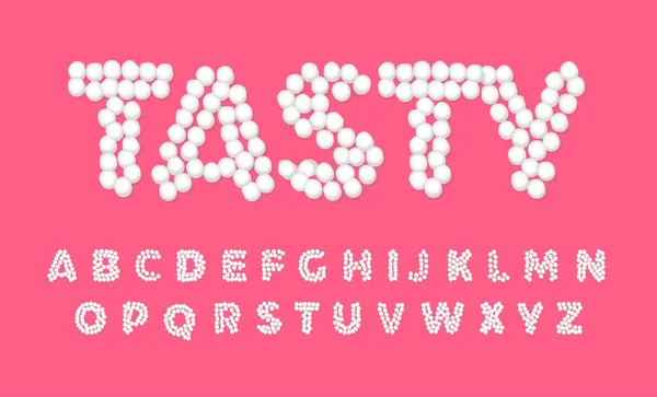 Marshmallow letras, doce, saboroso e bonito fonte, letras brancas de pontos no fundo cor-de-rosa, tipografia vetorial para feriados —  Vetores de Stock