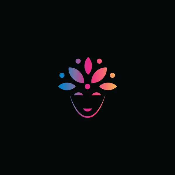 Visage abstrait et pétales de fleurs sur la tête, masque de carnaval, logo abstrait, sourire paisible, illustration vectorielle — Image vectorielle