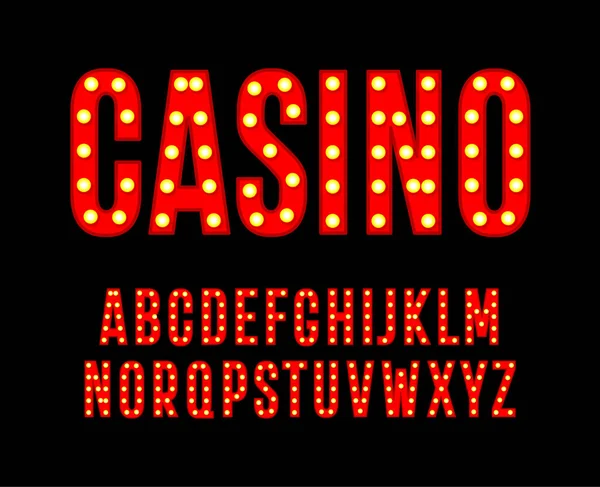 Red letters with light bulbs. Tall and narrow alphabet. Font for cinema casino poster, carnival and festival decoration, gambling night club logos. Vector typography design — Stock Vector