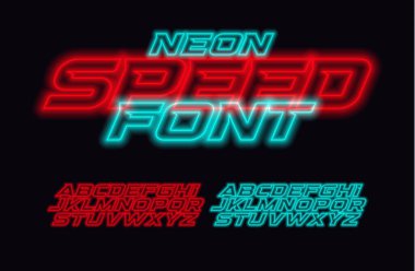 Neon Speed harfleri ayarlandı. Kırmızı ve mavi yarış yazı tipi. Siberpunk Italic cesur stil vektör alfabesi. Etkinlik, tanıtım, logo, afiş, monogram ve poster yazı tipleri. Yarış Tipi Tasarımı