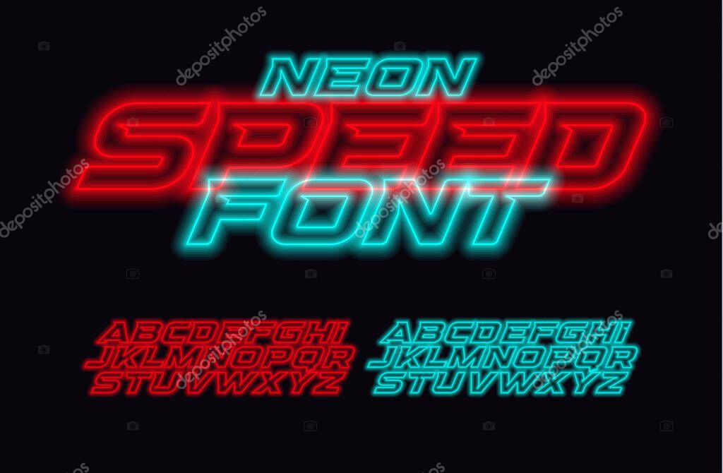 Neon Speed letters set. Red and blue race font. Cyberpunk Italic bold style vector alphabet. Fonts for event, promo, logo, banner, monogram and poster. Racing Typeset design.