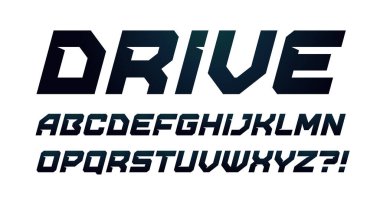 Sürüş alfabesi. Kalın italik yazı tipi, modern dinamik logo, spor başlığı, spor posterleri ve bilgisayar oyunları grafikleri için minimalist tip. Asgari biçim harfleri, vektör tipografi tasarımı