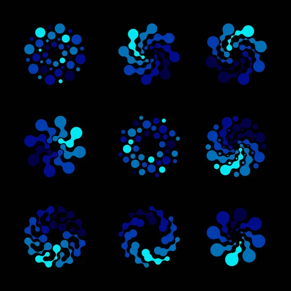 Conjunto de ícones de moinho de vento, símbolos de turbina eólica, logotipo de torção abstrato, coleção de sinais de giro e rotação, selos pontilhados azuis, logotipos vetoriais —  Vetores de Stock