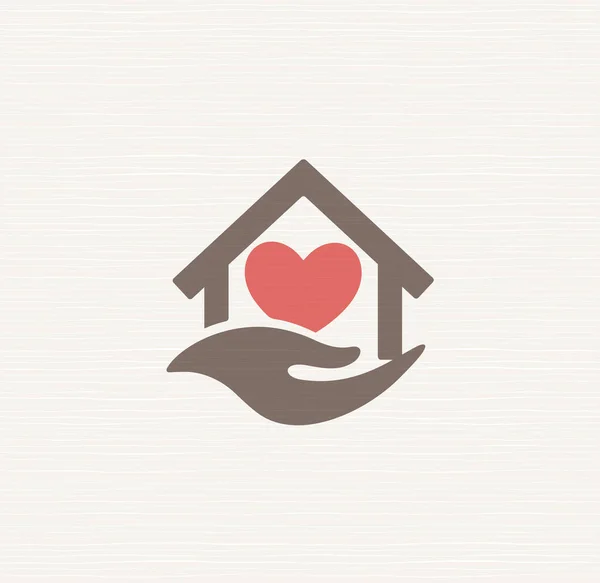 House with heart inside house and caring hand, vector sign. Symbol care for elderly at home, care logo template for loved ones, pensioners, injured, elderly and disabled. Isolated vector logotype — Stock Vector