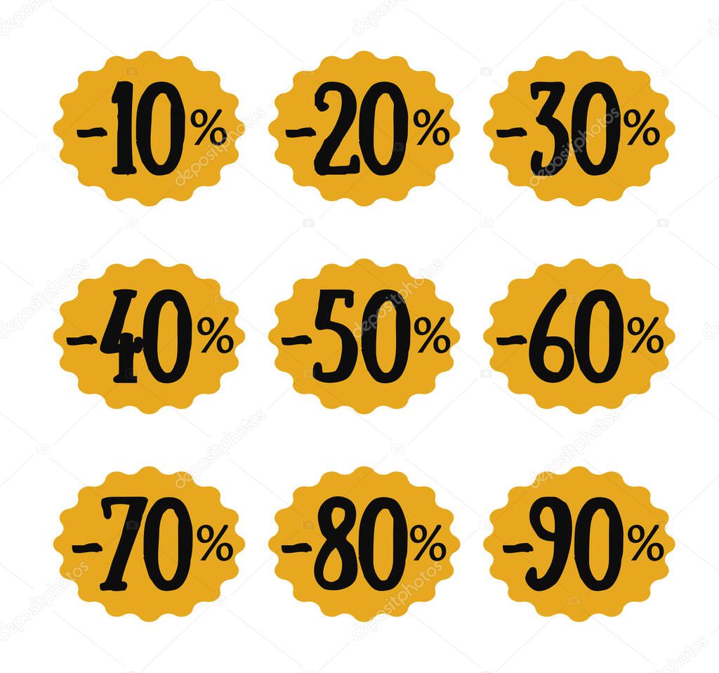 Set of discount numbers. Vector templates for sales of business. Yellow oval logo with the value of the price down.