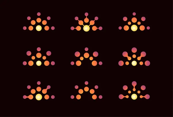 Conjunto de conceitos de logotipo com sol estilizado, consistindo de pontos como raios de sóis. Cor gradiente laranja, logotipo do pôr do sol incrível no fundo preto. Ícones de cor ensolarados minimalistas abstratos. Ilustração vetorial —  Vetores de Stock