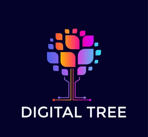 Digital tree logo, colorful tree icon, colored leaf, computer data base, flat logo template, minimal style emblem. Concept logotype design for business, web and presentation. Vector logo