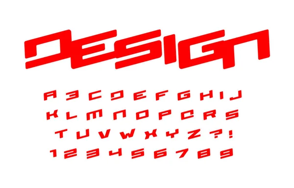 Odważny geometryczny styl alfabetu dla auto wyścigu nowoczesne logo, baner i plakat. Czerwona czcionka, ciężkie włoskie litery, cyfry i znaki. Świetny projekt typograficzny. Typ wektora. — Wektor stockowy