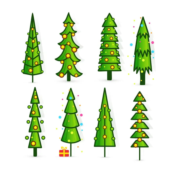 Conjunto de árvores de Natal, pinheiros ícones em estilo plano, gráficos brilhantes para o design de cartões de saudação e convites para feriados de Ano Novo e Natal. Ilustração vetorial — Vetor de Stock