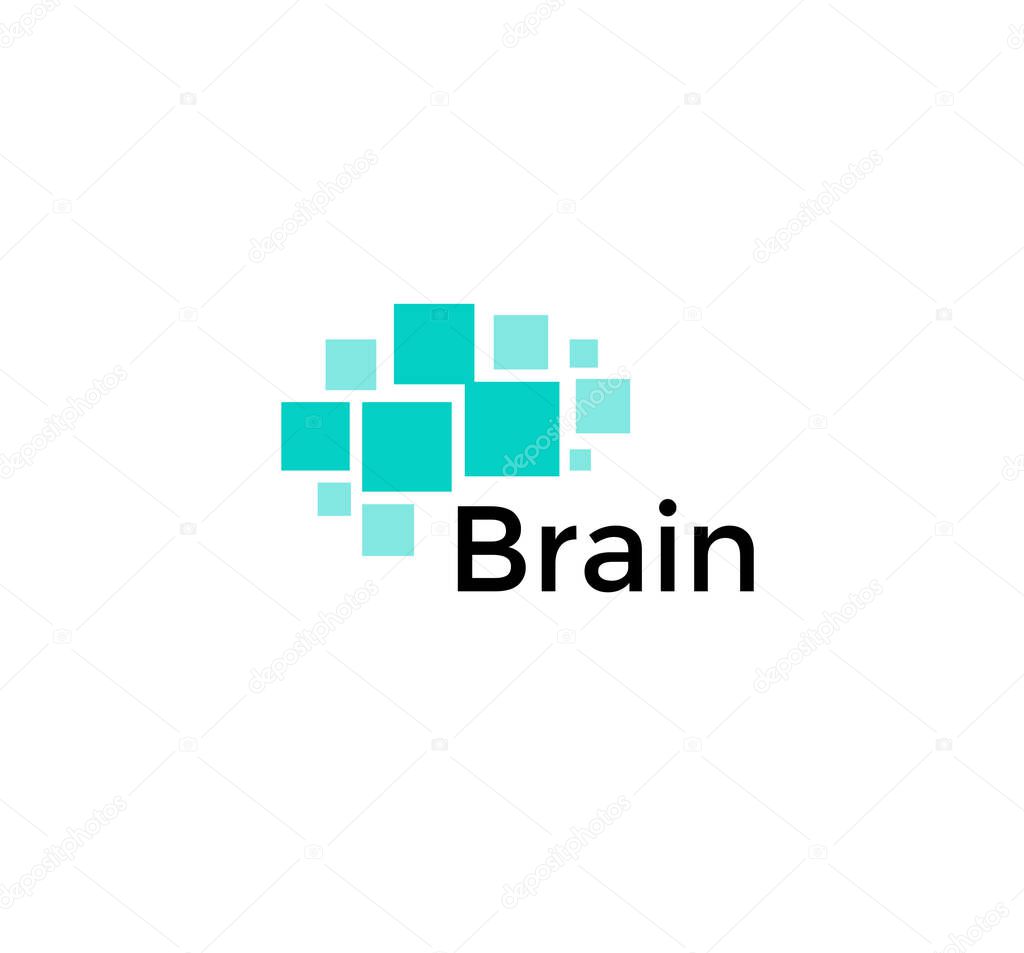 Brain abstract icon. Squares shapes, geometric brain hemisphere. SImple flat abstract logo template. Modern emblem idea. Logotype concept design for business. Isolated vector illustration.