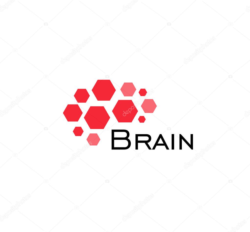 Brain abstract icon. Hexagonal shapes, geometric brain hemisphere. SImple flat abstract logo template. Modern emblem idea. Logotype concept design for business. Isolated vector illustration.
