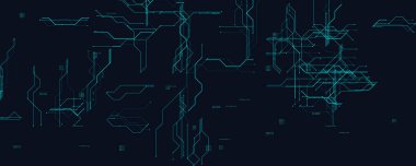 Fütürist Dijital Devre Projesi. Karanlık Arkaplanda Parlayan Mavi Çizgiler ile Soyut Teknoloji Ağı. Yapay Zeka Sistemleri, Yüksek Teknolojik Arayüzler ve Siber Veri Tasarımı için mükemmel. Vektör İllüstrasyonu.