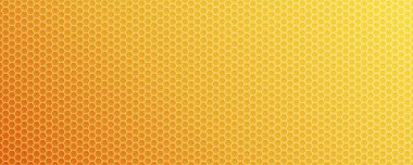 Sarı turuncu arkaplandaki bal peteği desenli altıgen hücreler. Yiyecek ambalajı, organik kozmetik ürünleri, eko markalaşma için altıgen şekilli doku. Modern geometrik arka plan. Vektör illüstrasyonu.