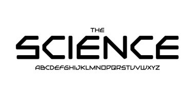 Bilim teknolojisi yazı tipi, bilimsel başlık için fütüristik alfabe, tıbbi dijital ürün logosu, ekran aygıtı tipografisi, uygulama UI tipografik tasarımı. Modern vektör tipi. 