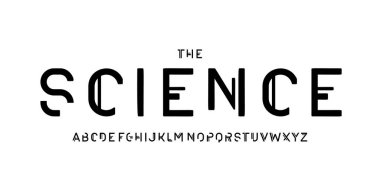 Bilim teknolojisi yazı tipi, bilimsel başlık için fütüristik alfabe, tıbbi dijital ürün logosu, ekran aygıtı tipografisi, uygulama UI tipografik tasarımı. Modern vektör tipi. 