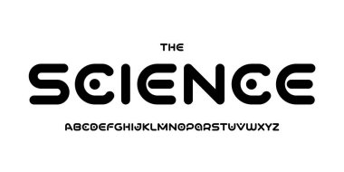 Bilim teknolojisi yazı tipi, bilimsel başlık için fütüristik alfabe, tıbbi dijital ürün logosu, ekran aygıtı tipografisi, uygulama UI tipografik tasarımı. Modern vektör tipi. 
