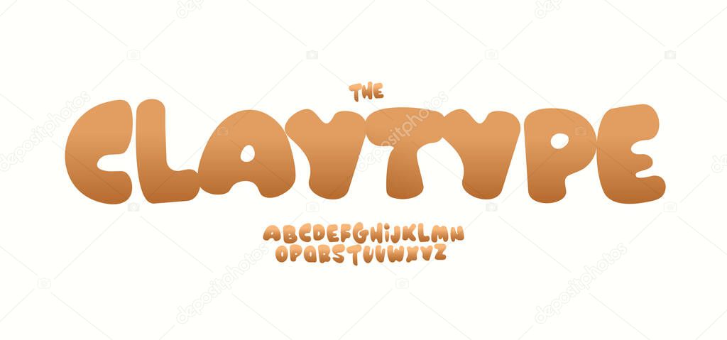 Playful clay type font alphabet, soft bubble letters, bold comic alphabet for comic pop art, happy summer logo, fat headline, funky molded typography, retro typographic design. Vector typeset