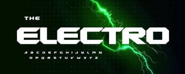Heavy techno alphabet font on lightning bolt thunderbolt background for modern bold headline. Futuristic geometric typeface for sport brand, race title, app, charger station logo. Vector typeset. 