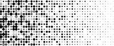 Halftone Dot Gradient Background, Monochrome Circles And Rounded Squares Fading To Right Copy Space, Modern Tech Pattern For Banners, Posters, Web And Print. Vector Illustration. 