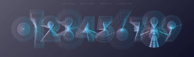 Futuristic neon number set glowing wave lines digital holographic style numeric alphabet font for technology, sci-fi poster, cyberpunk design, data visual. Vector illustration
