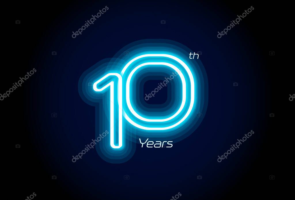 Blue neon number ten years, 10th anniversary logo on black background. Shiny luminous jubilee sign for celebration emblem of cyber event party, digital startup, gambling icon. Vector illustration