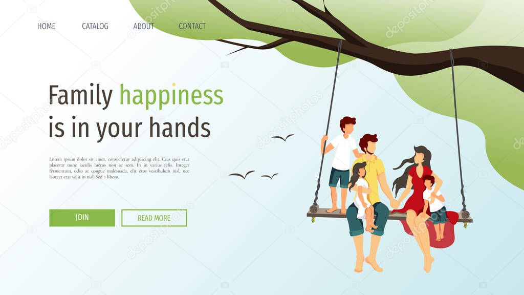 Web page template for happy family, love, happiness, parenthood, childhood. Young family sitting on a swing in nature. Vector illustration can be used in poster, banner and website development.
