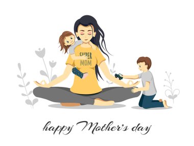 Anneler Günü için kartpostal tasarım şablonu. Genç anne bir yoga poz oturan ve küçük çocuklar onunla oynarken rahatlatıcı. Kart, poster, afiş, el ilanı, kapak için mükemmel.