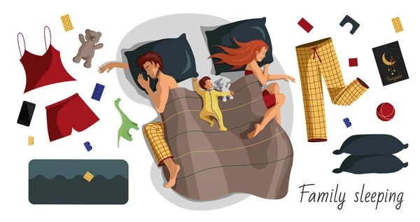 Ensemble Illustrations Vectorielles Plates Une Jeune Famille Endormie Avec Enfant — Image vectorielle