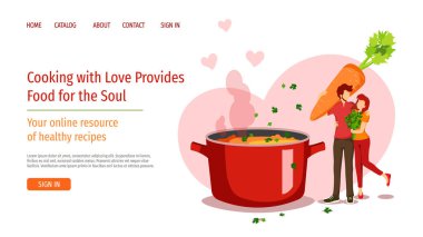 Yemek pişirmek için web sayfası tasarımı şablonu, sağlıklı yemek tarifleri. Çorba ve sebze ile genç çift ile Tava. Poster, afiş, web sitesi geliştirme için vektör illüstrasyon.