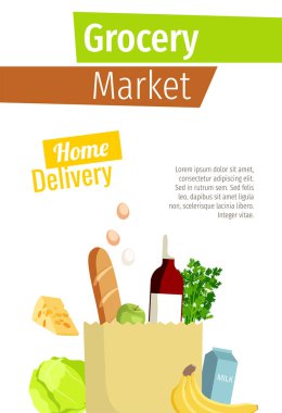Afiş, el ilanı, bakkal çantası ile broşür tasarım şablonu. Vektör çizimleri. Bakkal, mağaza, gıda dağıtım konsepti.