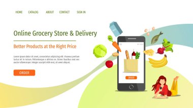 Bakkal, Online Market, Ev teslimi için web sayfası tasarım şablonu. Akıllı telefonu ve yiyeceği olan genç bir kadın. Poster, afiş, web sitesi geliştirme için vektör illüstrasyon.