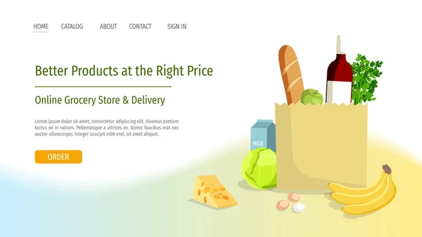 Web Seite Design Vorlage Für Online Lebensmittelgeschäft Und Lieferung Nach — Stockvektor