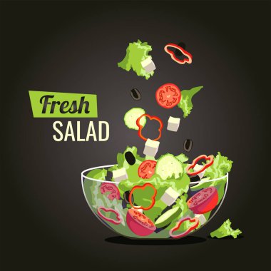 Siyah arka plan üzerinde domates, salatalık, zeytin, biber, peynir Lia ve marul ile taze sebze salatası Kase. Poster, kart, afiş, menü tasarımı.