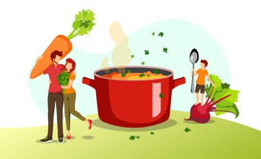 Genç aile, taze sebze ve çorba ile tava. Sağlıklı gıda, doğal ürünler, aile yemekleri, yemek tarifleri kavramı. Poster, afiş, web sitesi için vektör illüstrasyon.