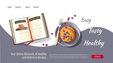 Kahvaltı, sağlıklı yemek pişirme, yemek tarifleri için web sayfası tasarım şablonu. Krep ve yemek tarifi kitabı ile tabak. Poster, afiş, web sitesi geliştirme için vektör illüstrasyon.
