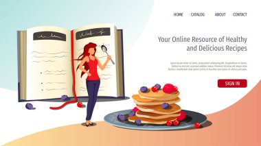 Kahvaltı, Tarif Kitabı, sağlıklı pişirme için Web sayfası tasarım şablonu. Krep, açık kitap ve kaşıkla duran kadın. Poster, afiş, web sitesi geliştirme için vektör illüstrasyon.