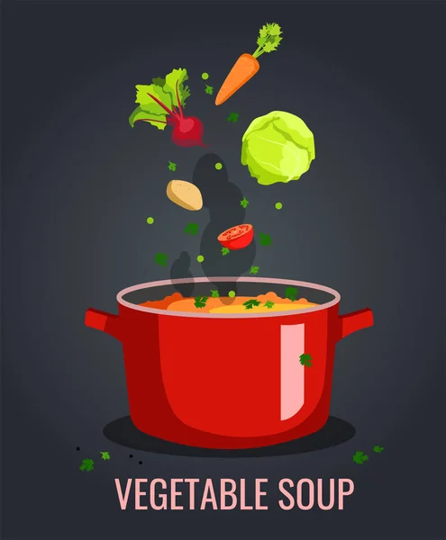 Gemüsesuppe Mit Rüben Kohl Karotten Tomaten Kartoffeln Und Erbsen Auf — Stockvektor