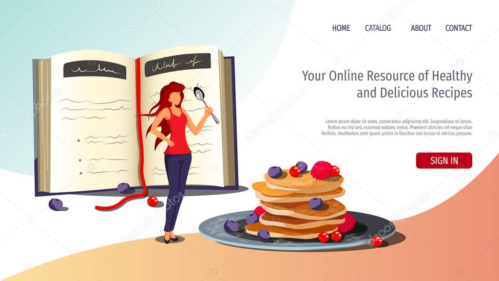 Web page design template for Breakfast, Recipe Book, healthy cooking. Pancakes, open book and woman standing with spoon. Vector illustration for poster, banner, website development.