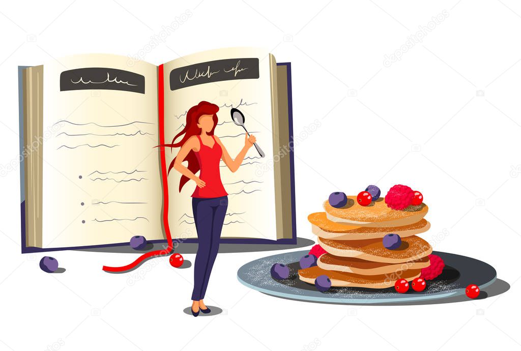 Pancakes with berries, open recipe book and woman standing with spoon. Cooking, breakfast, recipes concept. Vector illustration for poster, banner, cover, card.
