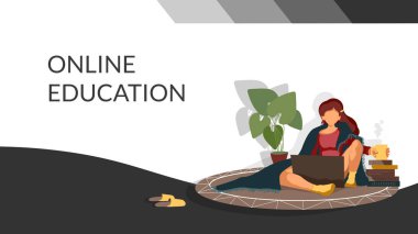 Online eğitim, online öğrenme, online kurslar ve e-öğrenme kavramı. Poster, afiş ve web sitesi geliştirme için düz tarzda vektör illüstrasyon.