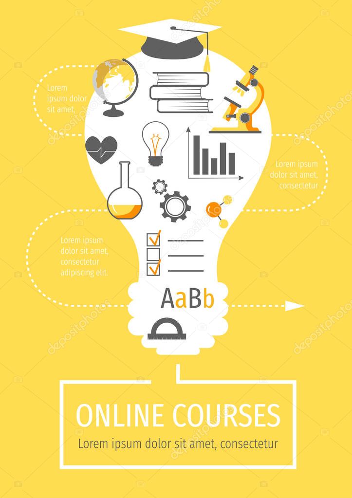 Flyer, banner, poster, brochure design with simple flat Icons on the yellow background. Distance education, online courses and e-learning concept. Vector illustration in a flat style.
