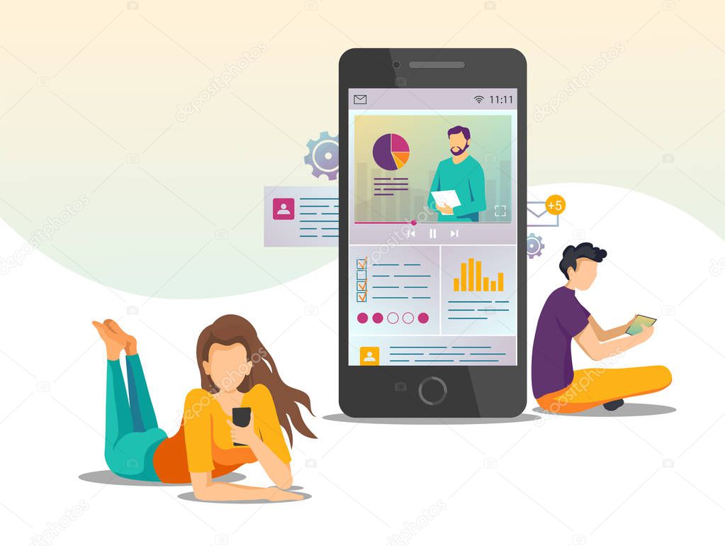 Learning application, Online training, distance education, e-learning concept. People with smartphone studying in a mobile learning app. Vector illustration for poster, banner, presentation, cover.